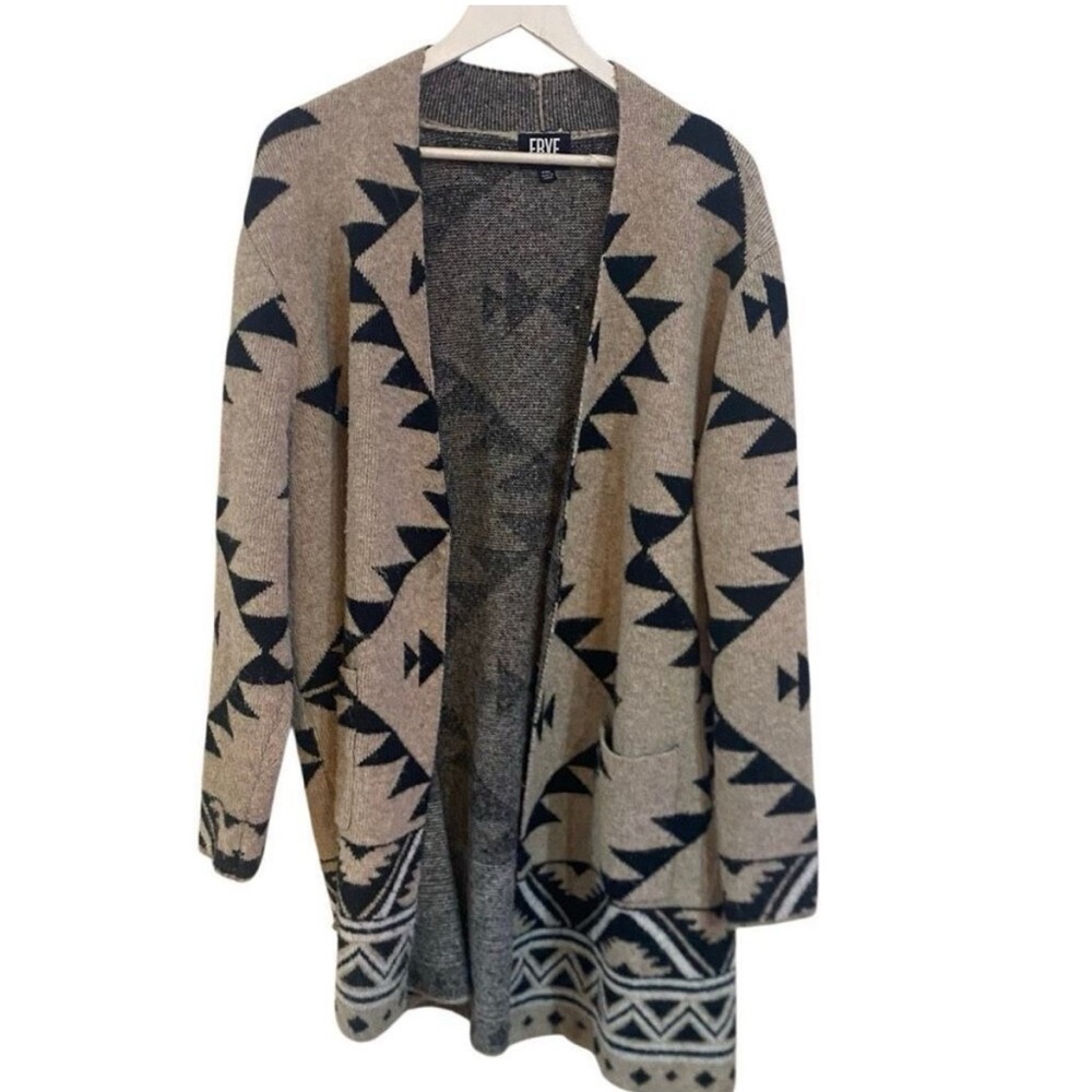 FRYE Aztec southwestern cardigan XXL tan black Open Front luxe jacquard
